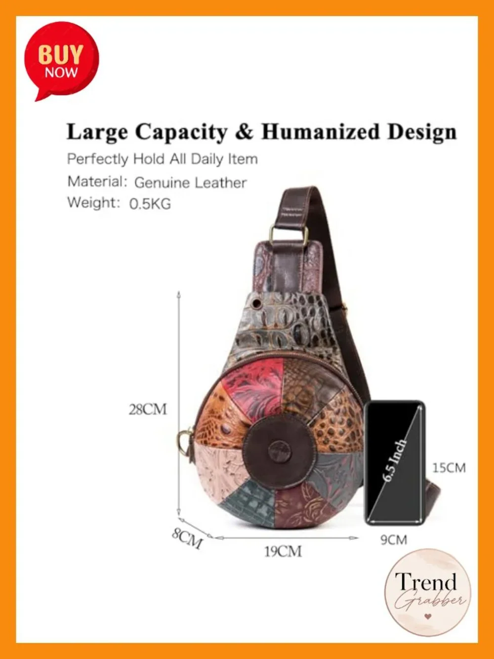 Genuine Leather Patchwork Sling Backpack Crossbody with Headphone Port
